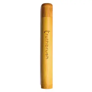 Bamboo toothbrush case with "truthbrush" text.