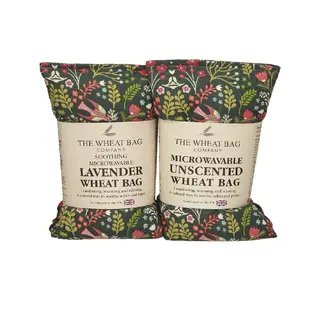 Two microwavable wheat bags: lavender and unscented, with floral patterns. Made in the UK.
