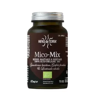 Hifas da Terra Mico-Mix bottle with Reishi, Maitake, Shiitake. 70 capsules, 675 mg each.