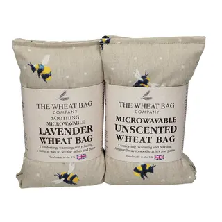 Two wheat bags with bee pattern, labelled lavender and unscented, handmade in the UK.