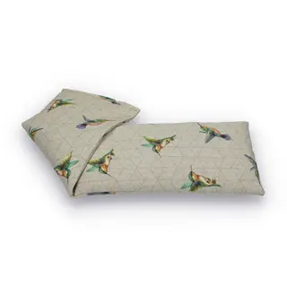 Beige eye pillow with colourful bird pattern.