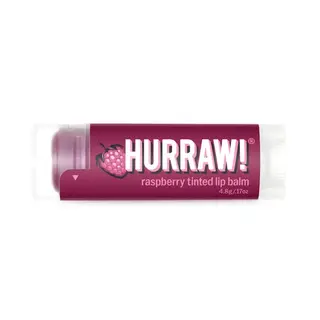 Hurraw! raspberry tinted lip balm, 4.8g tube with raspberry graphic.