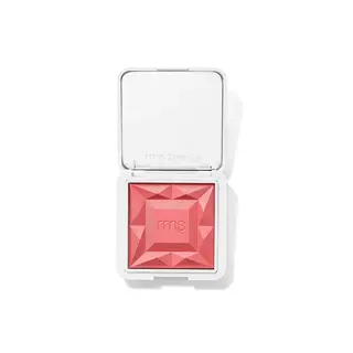 Open compact with pink blush, embossed "rms" in centre, white case.