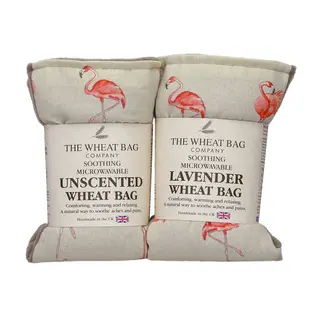 Two wheat bags with flamingo design, labelled unscented and lavender. Made in the UK.