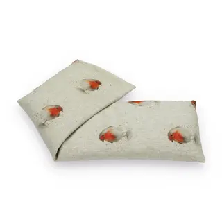 Two beige fabric sachets with red-breasted robin print.
