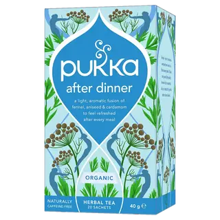 Pukka After Dinner herbal tea box with fennel, aniseed, and cardamom design. Organic, 20 sachets, 40g.