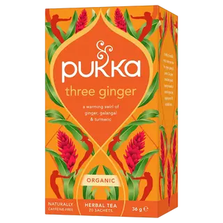 Pukka Three Ginger tea box with ginger, galangal, turmeric design. Contains 20 sachets, 36g.