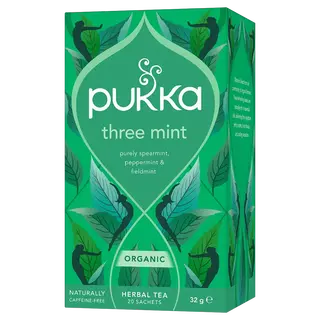 Pukka Three Mint tea box with spearmint, peppermint, fieldmint. Organic, 20 sachets, 32g.