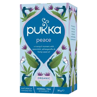Pukka Peace herbal tea box with floral design, 20 sachets, 30g, organic, caffeine-free.