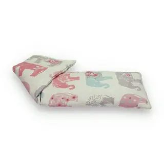 Rectangular fabric heat pack with pink and blue elephant pattern.