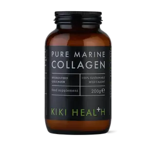 Brown jar labelled "Pure Marine Collagen" by Kiki Health, 200g food supplement.
