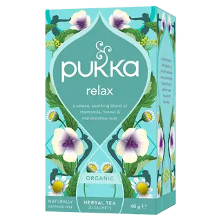 Pukka Relax herbal tea box with chamomile, fennel, and marshmallow root design. 20 sachets, 40g.