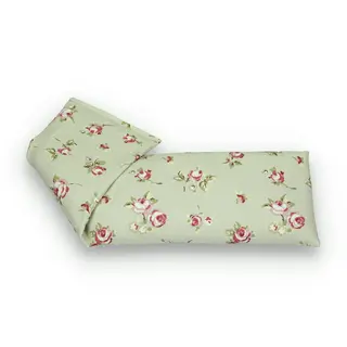Green floral-patterned fabric eye pillow with pink roses.