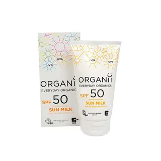 Organii SPF 50 Sun Milk, high protection, 125ml tube and box, vegan and organic certified.