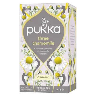 Pukka Three Chamomile tea box with chamomile flower design, 20 sachets, organic, caffeine-free.