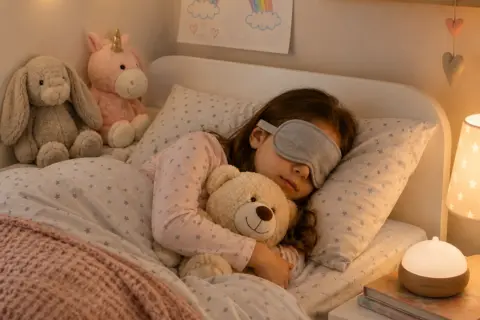 Child sleeping with eye mask, hugging teddy bear. Fairy lights and rainbow drawing in cosy bedroom.