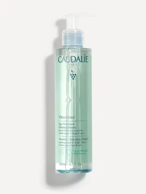 Caudalie Vinoclean Micellar Cleansing Water, 200ml bottle with pump dispenser.