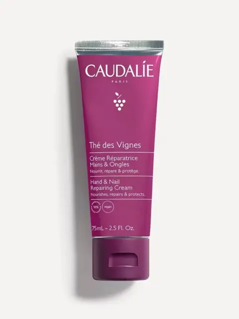 Caudalie Thé des Vignes Hand & Nail Repairing Cream, 75ml, vegan, purple tube.