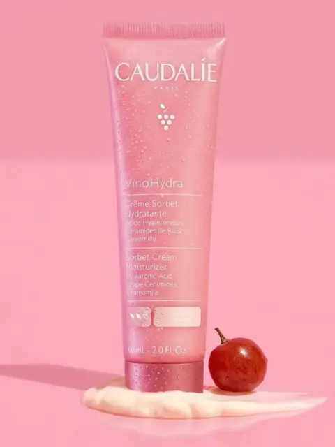 Caudalie VinoHydra Sorbet Cream, 60ml tube, pink background, grape and cream at base.