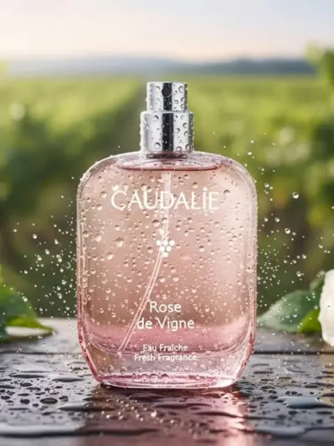 Caudalie Rose de Vigne fragrance bottle with water droplets, set in a vineyard background.