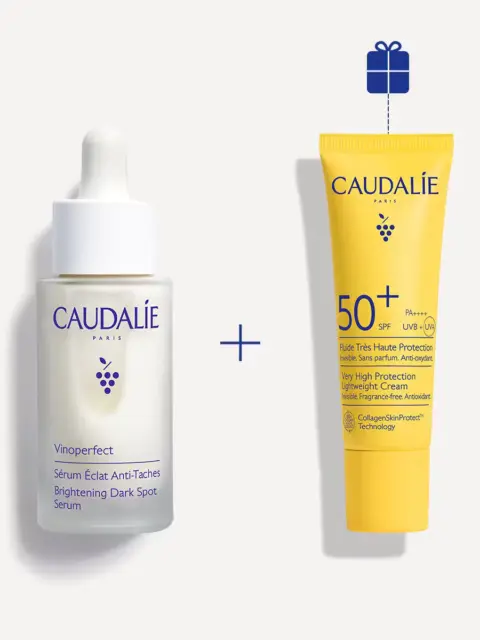 Caudalie serum and SPF 50+ cream with gift icon above.