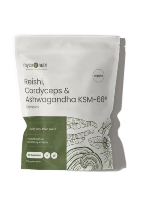 Reishi, Cordyceps & Ashwagandha KSM-66 capsules in a white pouch with green design.