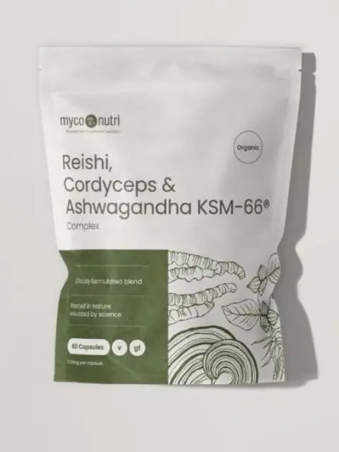 Reishi, Cordyceps & Ashwagandha KSM-66® capsules, organic, 60 capsules per pack.