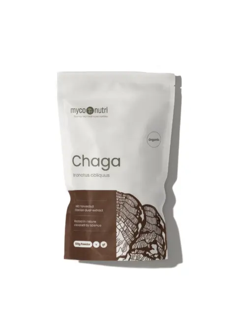 MycoNutri Chaga powder, 100g, organic, in a white and brown resealable pouch.
