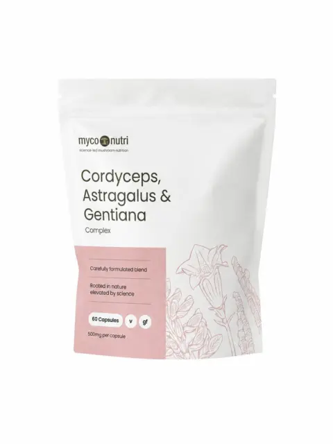 Cordyceps, Astragalus & Gentiana supplement, 60 capsules, 500mg per capsule, floral design.