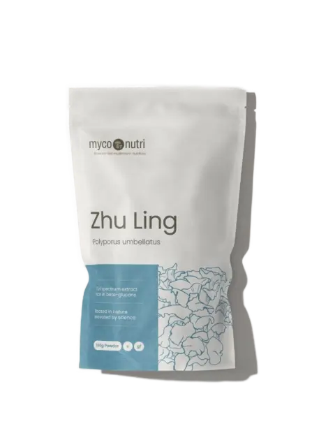 Zhu Ling Polyporus umbellatus powder, 100g, by MycoNutri in a white pouch.