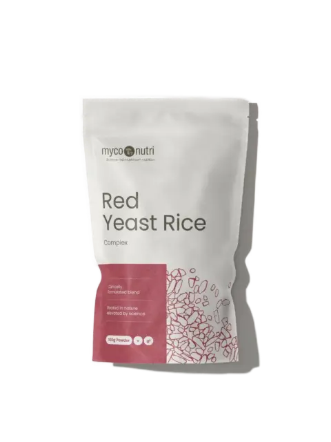 MycoNutri Red Yeast Rice Complex, 100g powder, white pouch with red design.