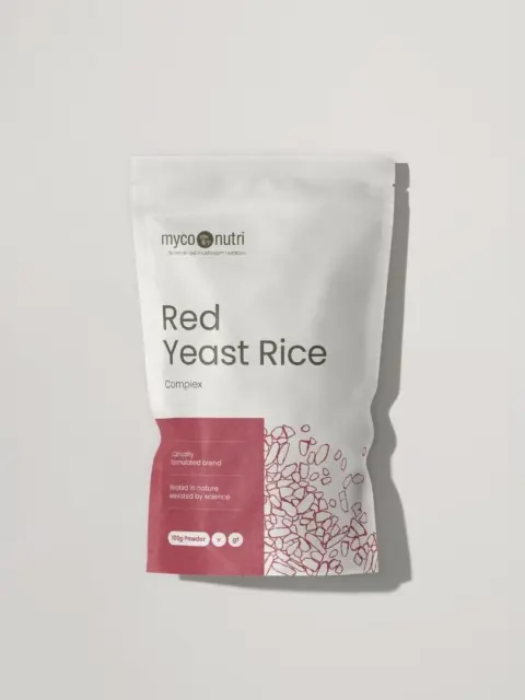 MycoNutri Red Yeast Rice Complex, 100g powder, gluten-free, white pouch with red design.