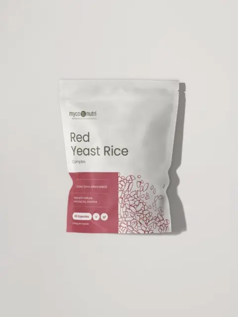 Red Yeast Rice Complex, 60 capsules, gluten-free, white and red packaging.