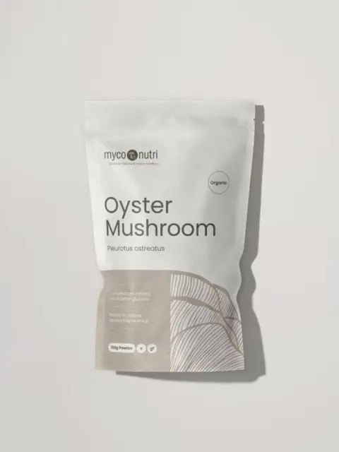 MycoNutri Oyster Mushroom powder, 100g, organic, in a white and beige resealable pouch.