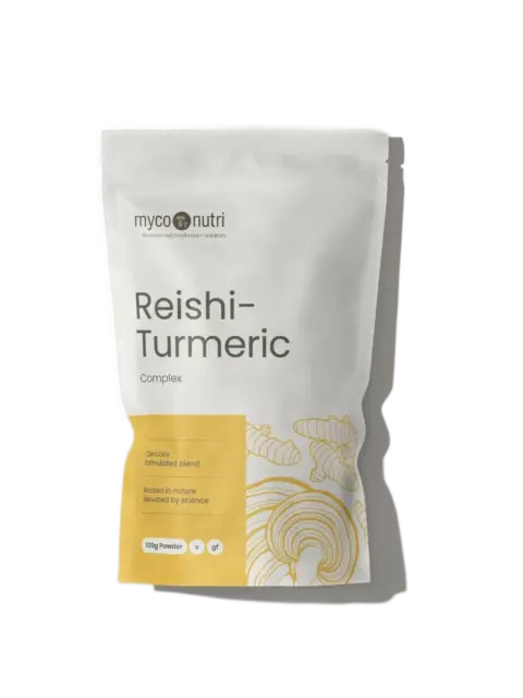 Reishi-Turmeric Complex powder in a white pouch with yellow design, 100g, gluten-free.