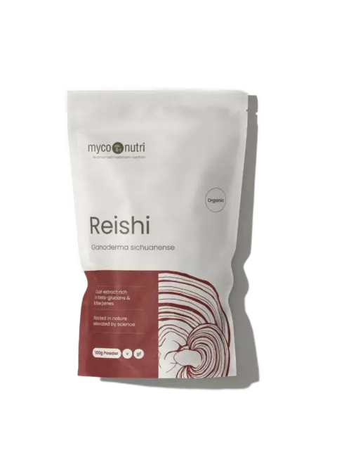 Reishi Ganoderma sichuanense powder, 100g, organic, in a white and red pouch.