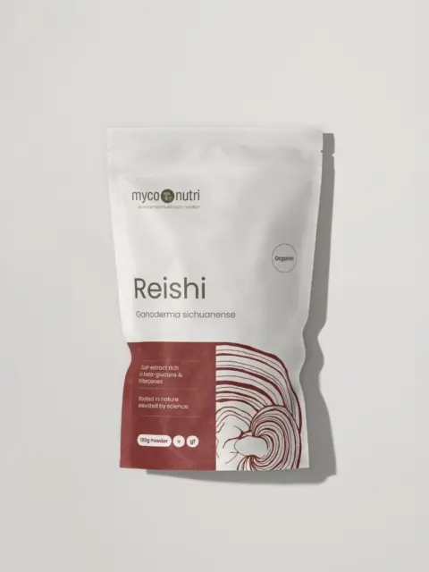 Reishi mushroom powder, 100g, organic, Ganoderma sichuanense, MycoNutri packaging.