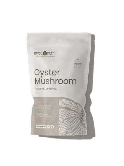 Oyster Mushroom powder, 100g, organic, in a resealable pouch.