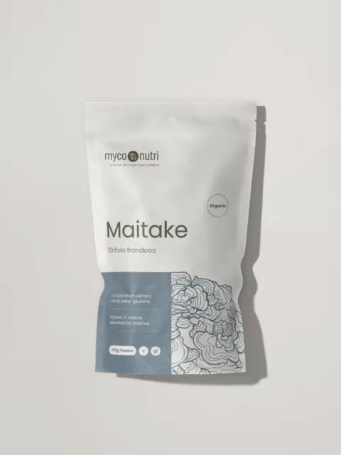 Maitake mushroom powder, 100g, organic, in white and blue packaging with floral design.