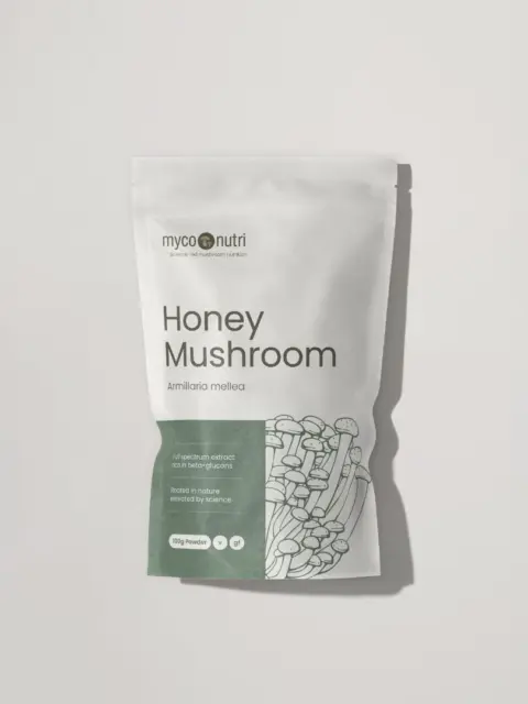 Honey Mushroom supplement pouch, 100g powder, gluten-free, with mushroom illustration.