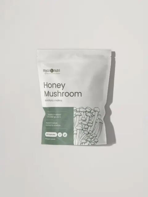 Honey Mushroom supplement pack with 60 capsules, Armillaria mellea illustration.