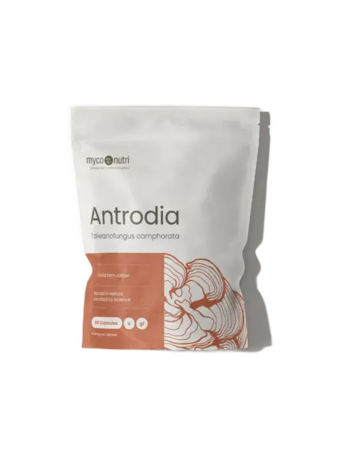 Antrodia Taiwanofungus camphorata supplement, 60 capsules, in a white and orange pouch.