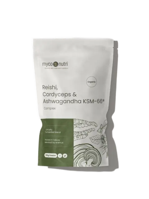 White pouch of Reishi, Cordyceps, and Ashwagandha KSM-66 powder, 100g, organic.