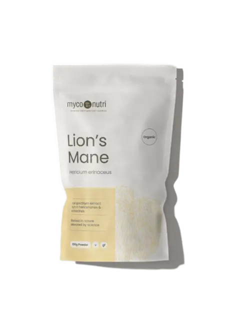 MycoNutri Lion's Mane powder, organic, 100g pouch.