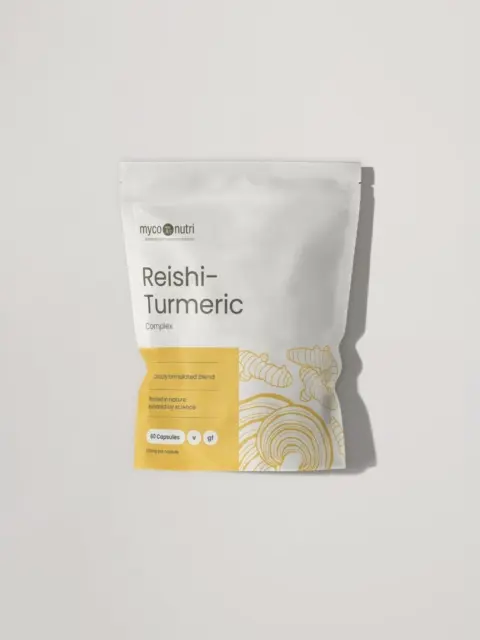 Reishi-Turmeric Complex pouch with 60 capsules, vegan and gluten-free.