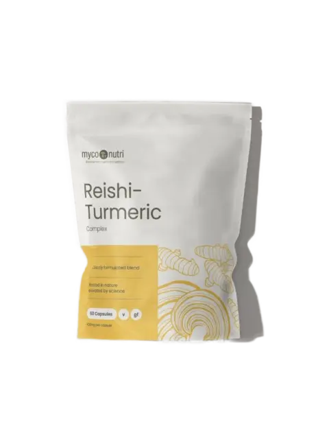 Reishi-Turmeric Complex, 60 capsules, MycoNutri packaging with turmeric illustrations.