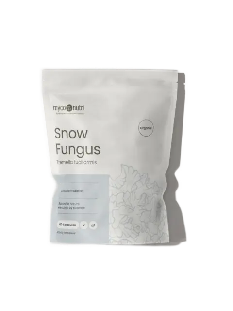 MycoNutri Snow Fungus supplement, 60 capsules, organic, vegan, gluten-free.