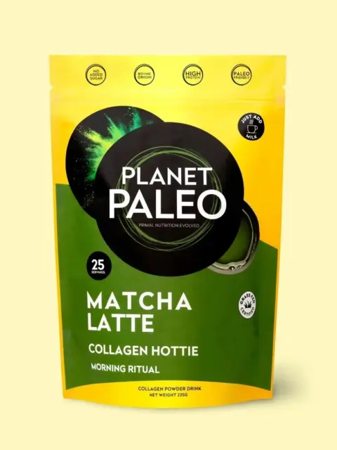 Planet Paleo Matcha Latte collagen powder, 225g, yellow and green packaging.