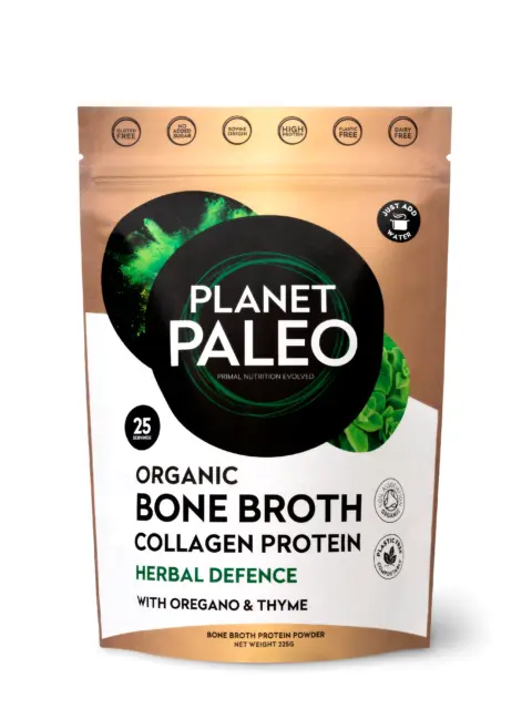Planet Paleo Organic Bone Broth Collagen Protein, Herbal Defence, 225g pouch.