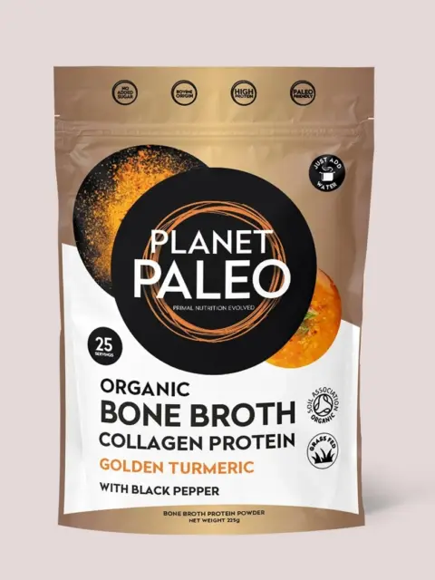 Planet Paleo Organic Bone Broth Collagen Protein, Golden Turmeric flavour, 225g pouch.